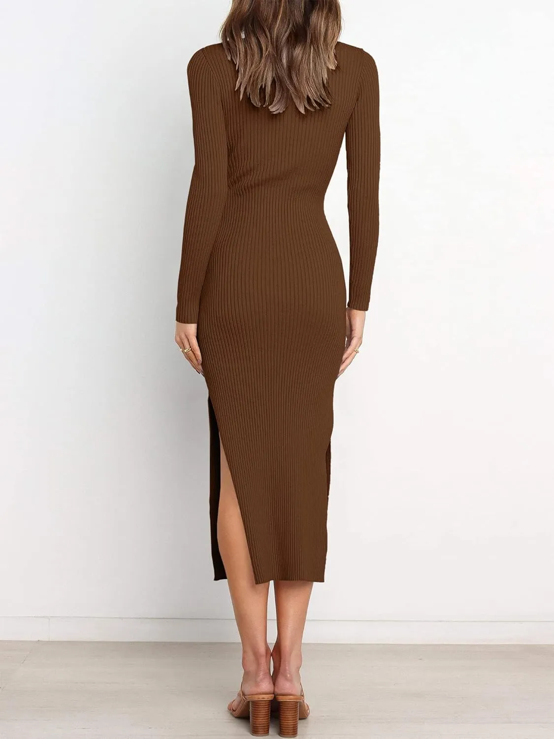 ANRABESS Womens Long Sleeve Sweater Dress Crew Neck Slim Fit Slit Tie Waist 2025 Ribbed Knit Bodycon Midi Dress Fall Outfits