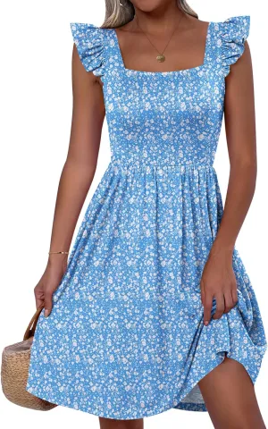 ANRABESS Womens Summer Short Dress 2025 Square Neck Sleeveless A Line Ruffled Wedding Casual Cute Teen Beach Mini Sundress
