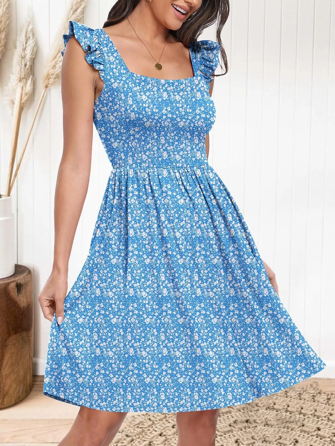 ANRABESS Womens Summer Short Dress 2025 Square Neck Sleeveless A Line Ruffled Wedding Casual Cute Teen Beach Mini Sundress