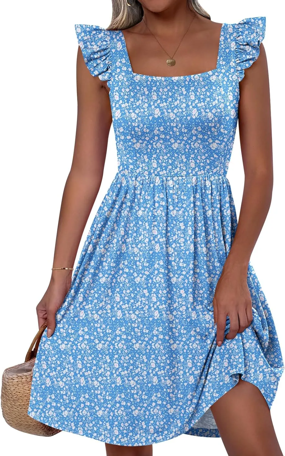 ANRABESS Womens Summer Short Dress 2025 Square Neck Sleeveless A Line Ruffled Wedding Casual Cute Teen Beach Mini Sundress