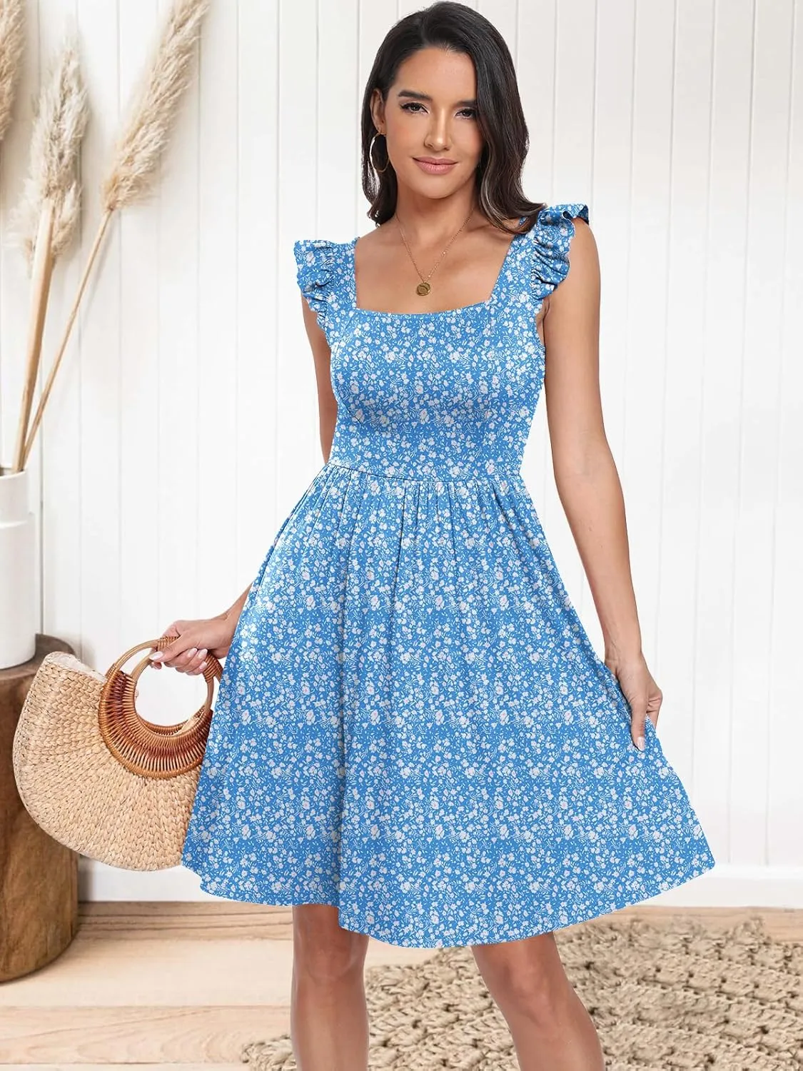 ANRABESS Womens Summer Short Dress 2025 Square Neck Sleeveless A Line Ruffled Wedding Casual Cute Teen Beach Mini Sundress