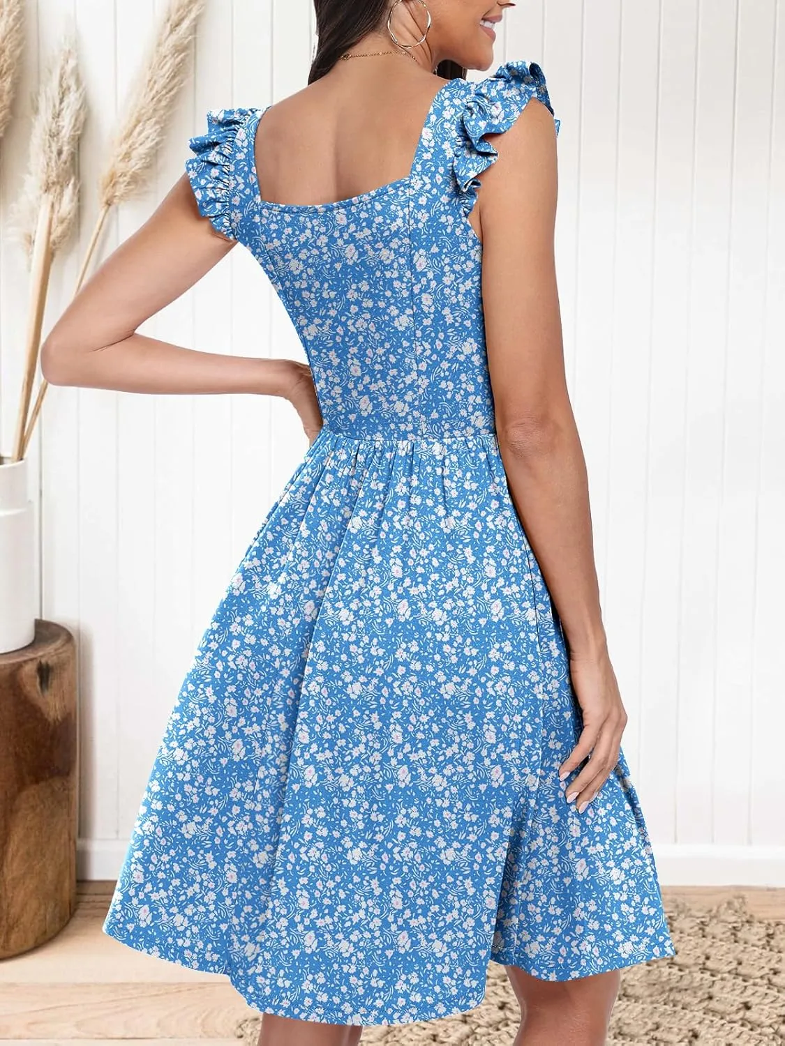 ANRABESS Womens Summer Short Dress 2025 Square Neck Sleeveless A Line Ruffled Wedding Casual Cute Teen Beach Mini Sundress