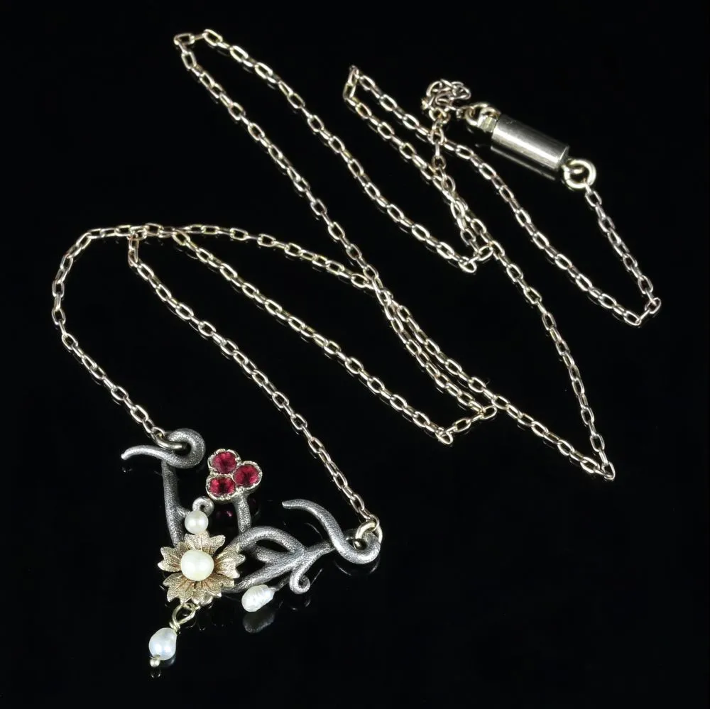 Antique Ruby Pearl Necklace Art Nouveau Silver 9Ct Gold