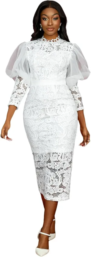 AOMEI Women's White Lace Floral Bridal Dress Long Puffy Sleeve Bodycon Wedding Dresses