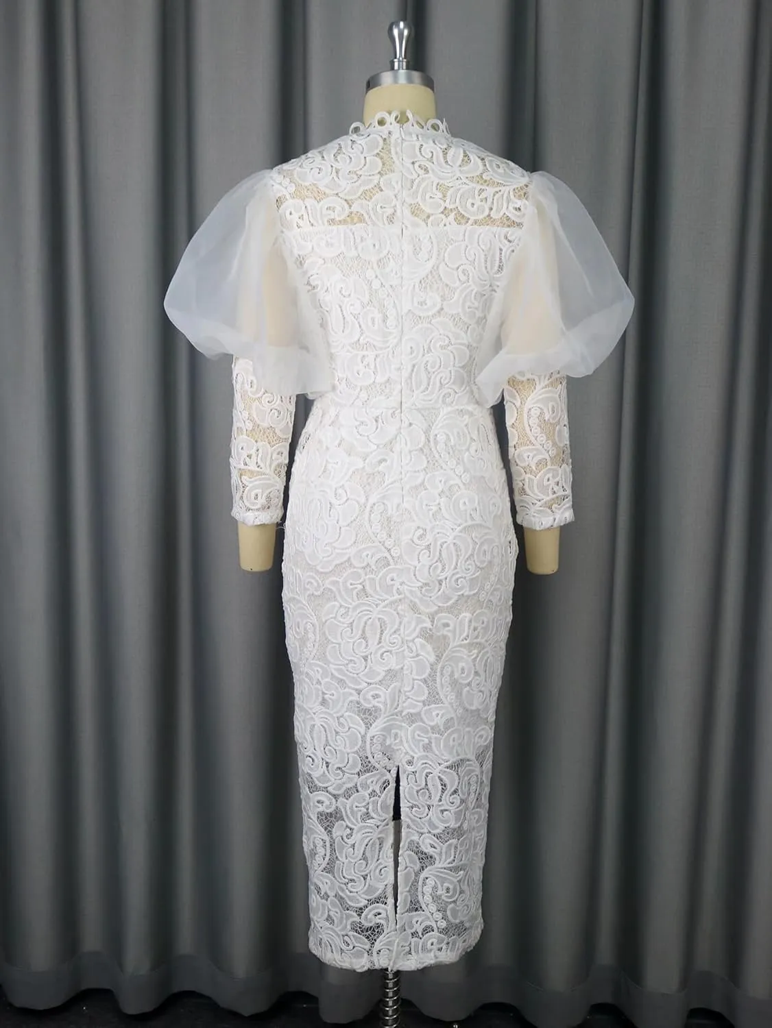 AOMEI Women's White Lace Floral Bridal Dress Long Puffy Sleeve Bodycon Wedding Dresses