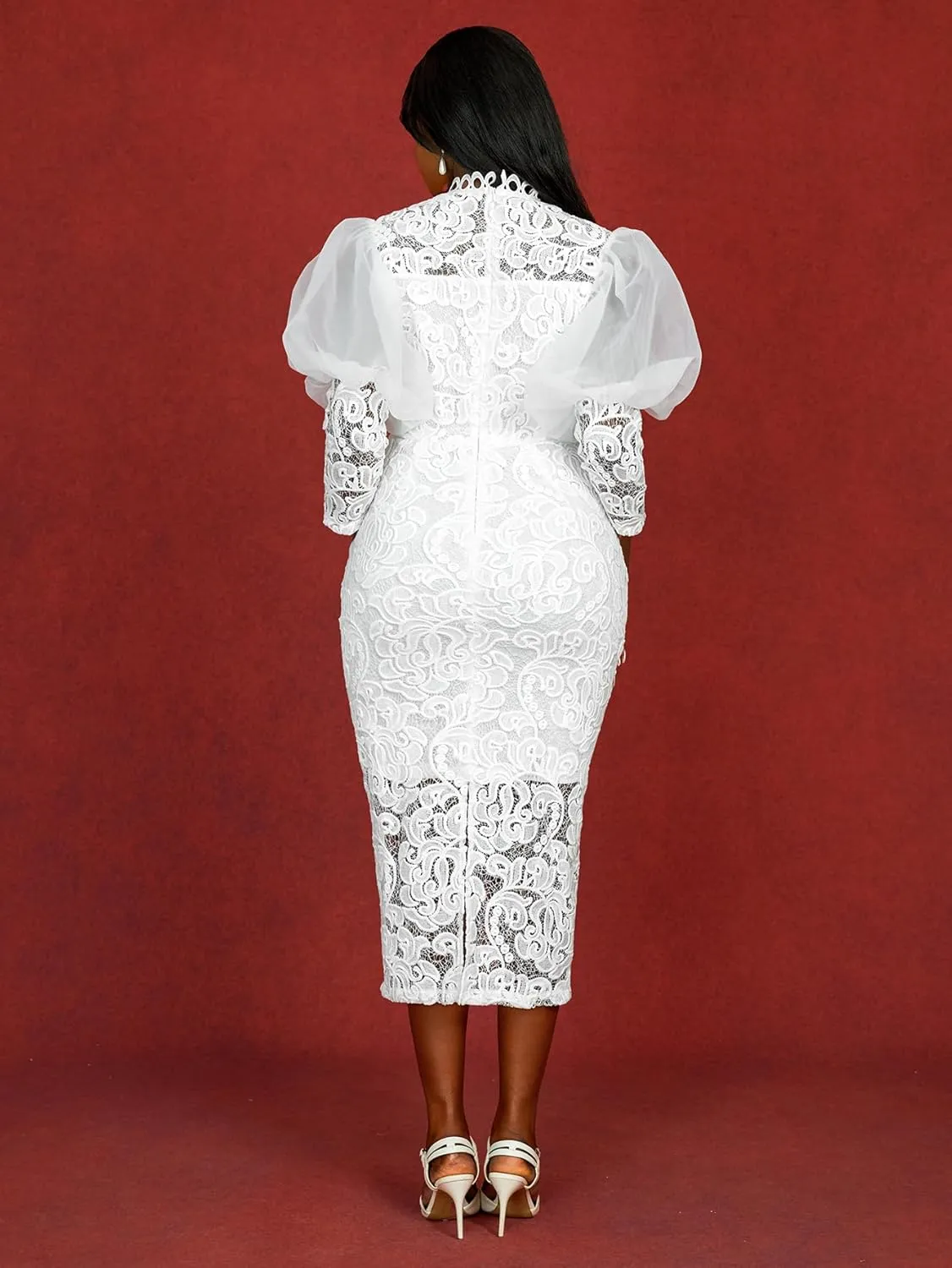AOMEI Women's White Lace Floral Bridal Dress Long Puffy Sleeve Bodycon Wedding Dresses