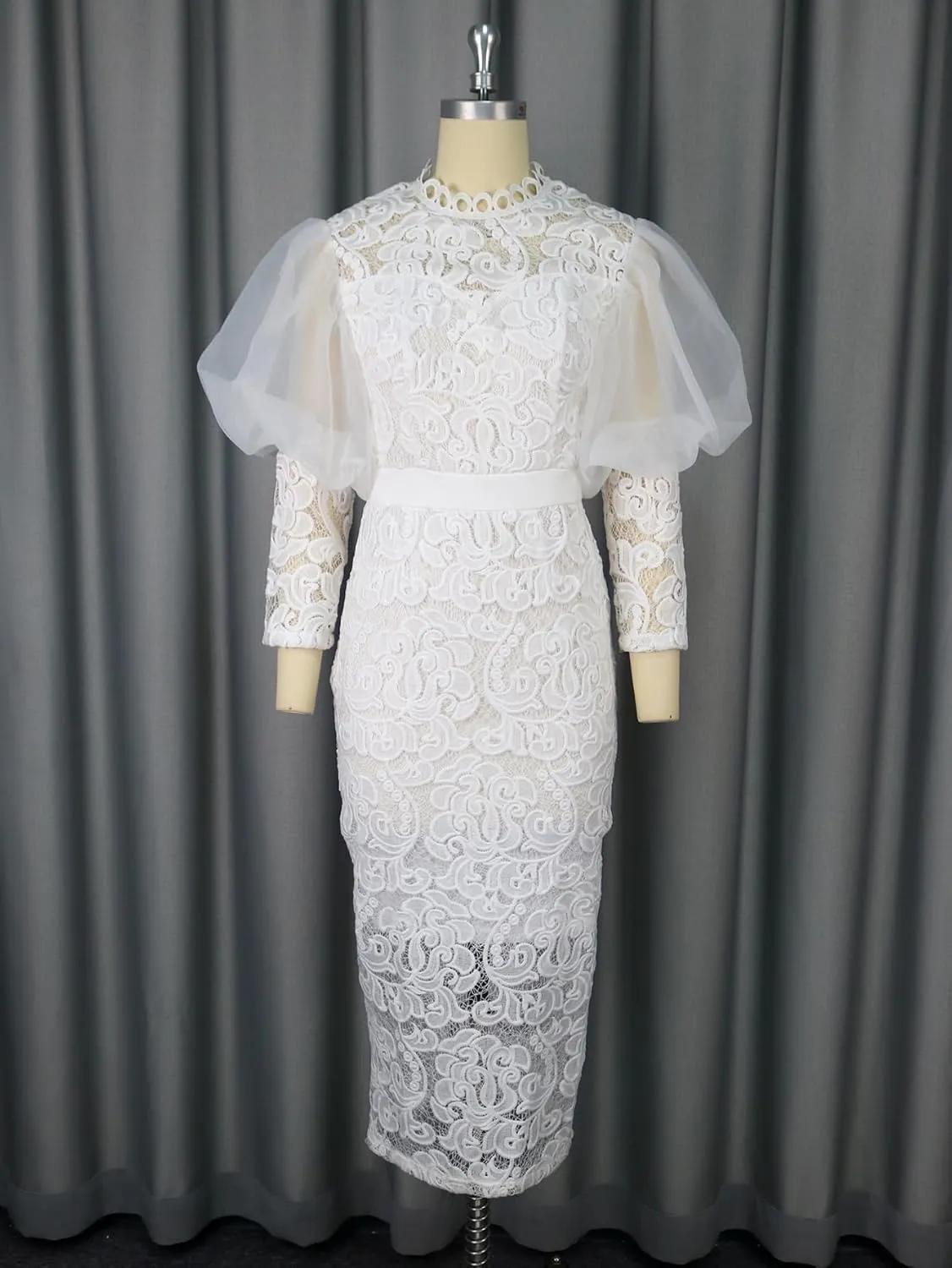 AOMEI Women's White Lace Floral Bridal Dress Long Puffy Sleeve Bodycon Wedding Dresses