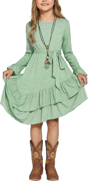 Arshiner Girls Dresses Loose Plain Casual Ruffle Swing Midi Dress with Belt for 5-14 Years
