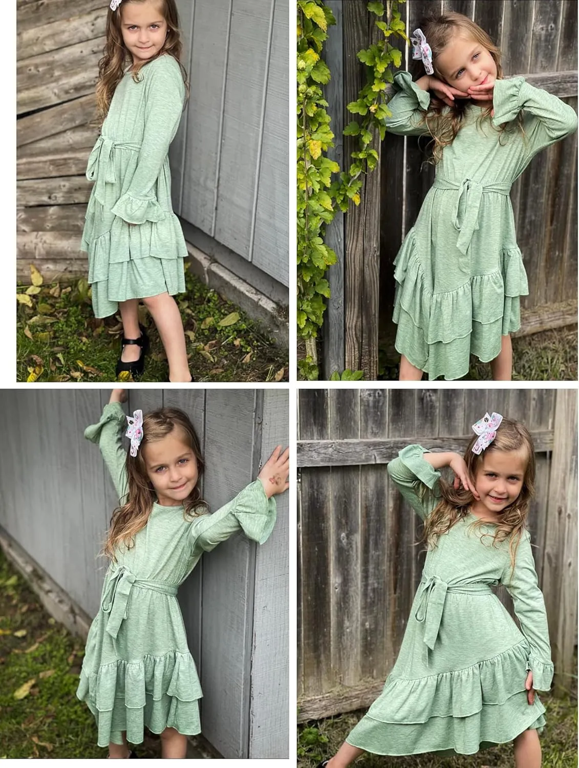 Arshiner Girls Dresses Loose Plain Casual Ruffle Swing Midi Dress with Belt for 5-14 Years