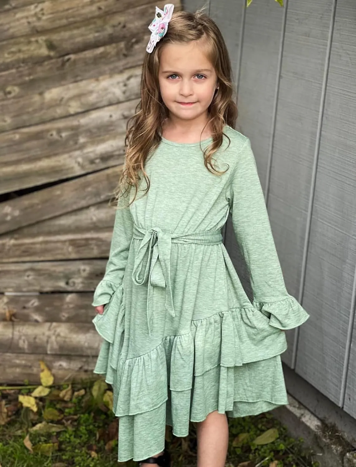 Arshiner Girls Dresses Loose Plain Casual Ruffle Swing Midi Dress with Belt for 5-14 Years