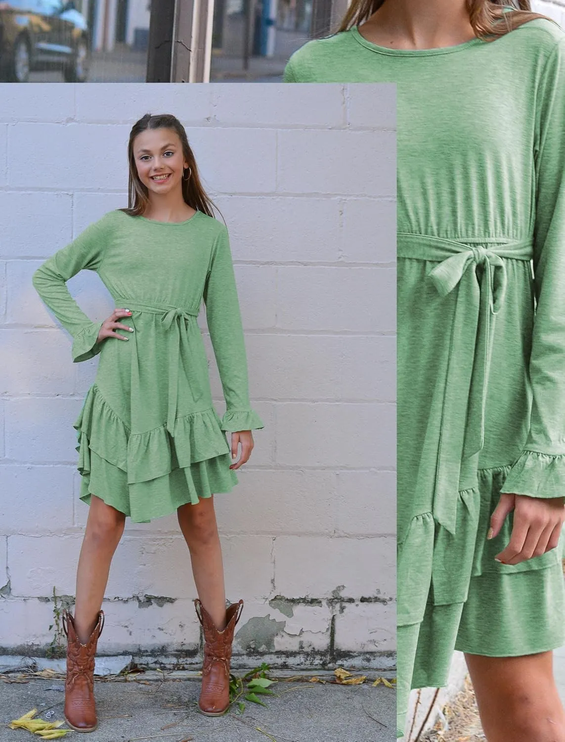 Arshiner Girls Dresses Loose Plain Casual Ruffle Swing Midi Dress with Belt for 5-14 Years