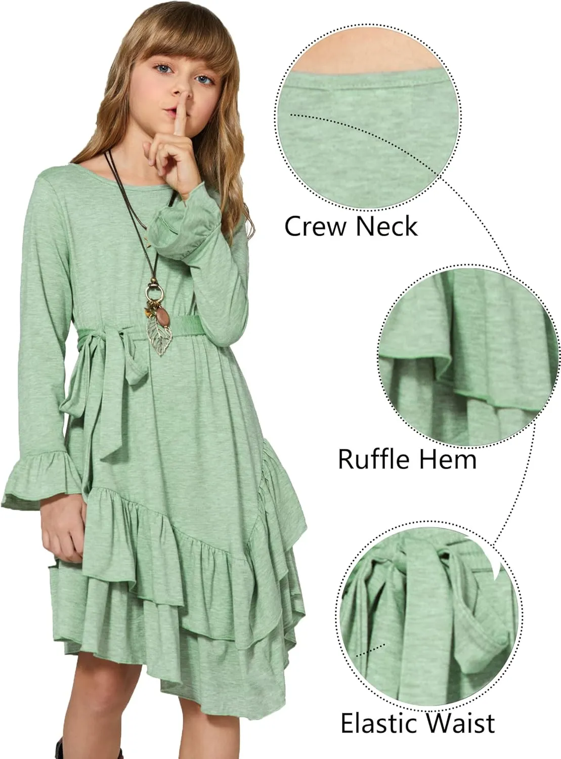Arshiner Girls Dresses Loose Plain Casual Ruffle Swing Midi Dress with Belt for 5-14 Years