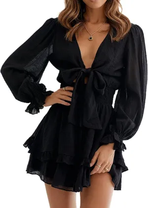 Astylish Womens Cute Spring Fall Casual Sexy Deep V Neck Tie Knot Dress Ruffle Chiffon Lantern Long Sleeve Solid Hawaiian Flowy Mini Skirt Dresses for Women Party 2021 Black X-Large