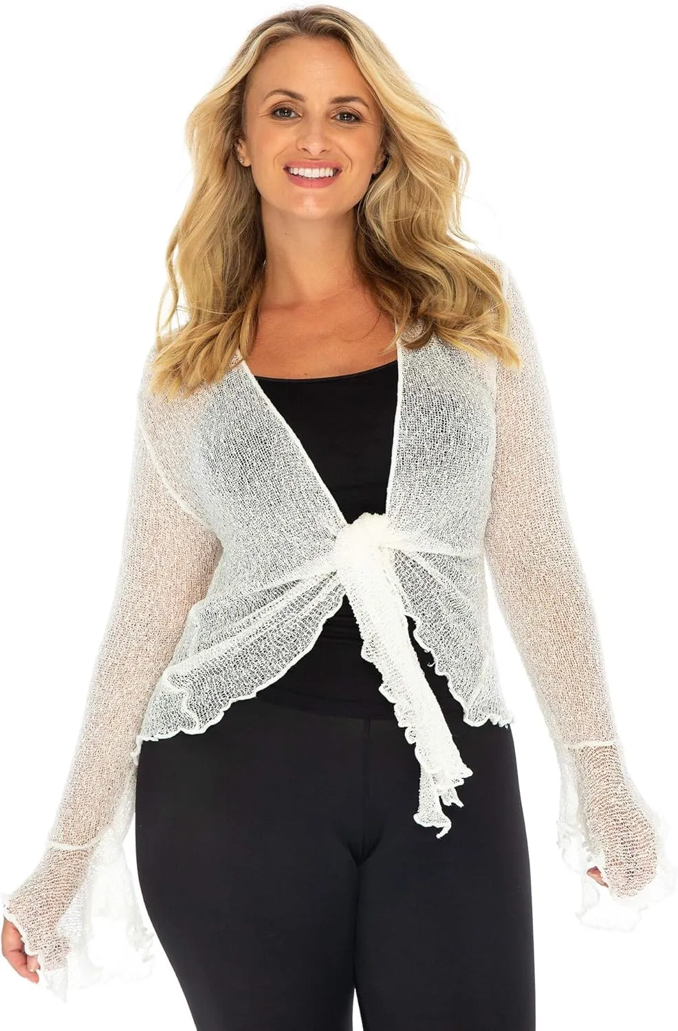 Back From Bali Womens Plus Size Sheer Shrug Cardigan Long Bell Sleeves Lightweight Knit Bolero 2X 3X 4X