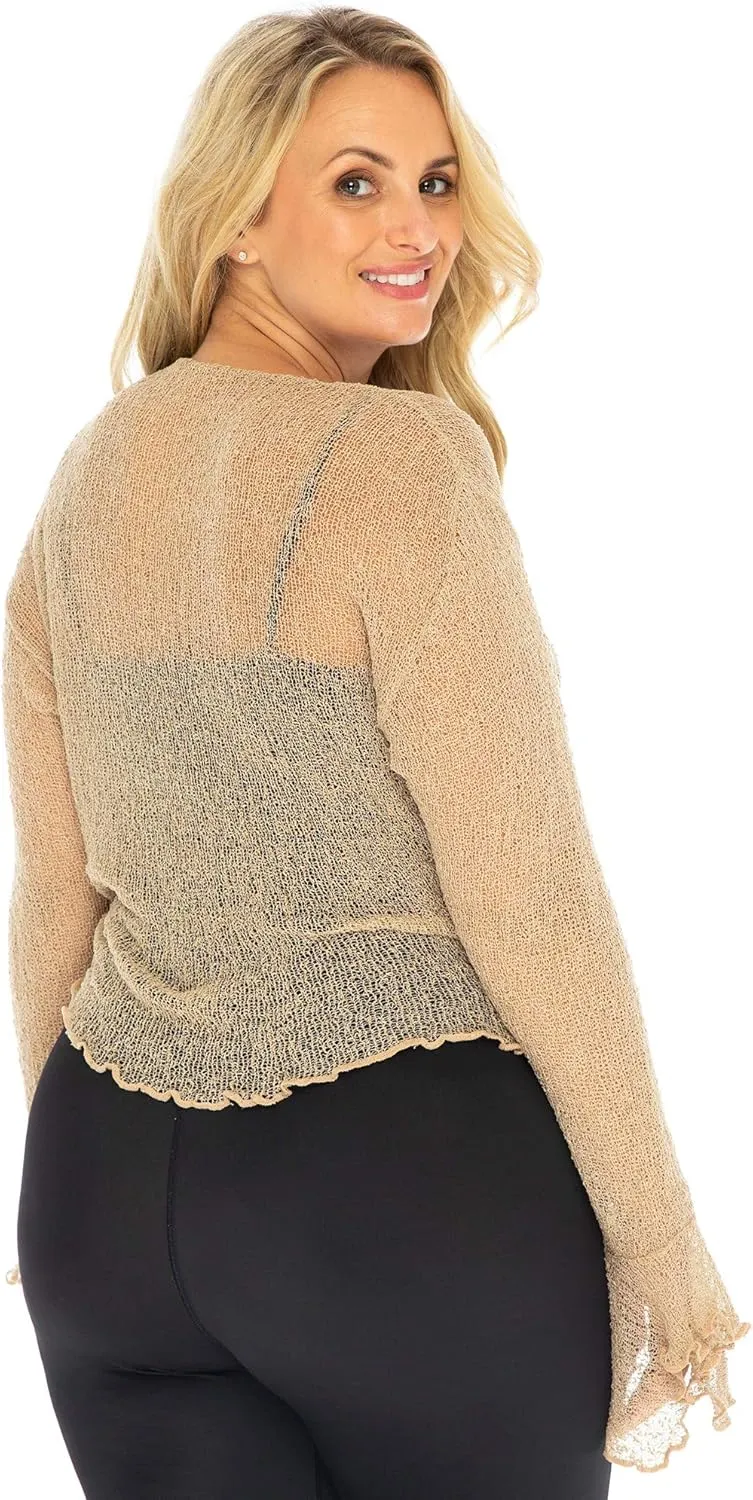 Back From Bali Womens Plus Size Sheer Shrug Cardigan Long Bell Sleeves Lightweight Knit Bolero 2X 3X 4X