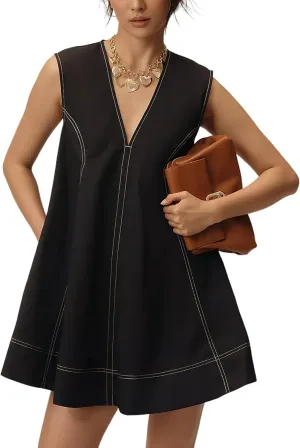 Bankeng Womens Summer Sleeveless V Neck Mini Dress A Line Short Sundress Beach Mini Dress with Pockets