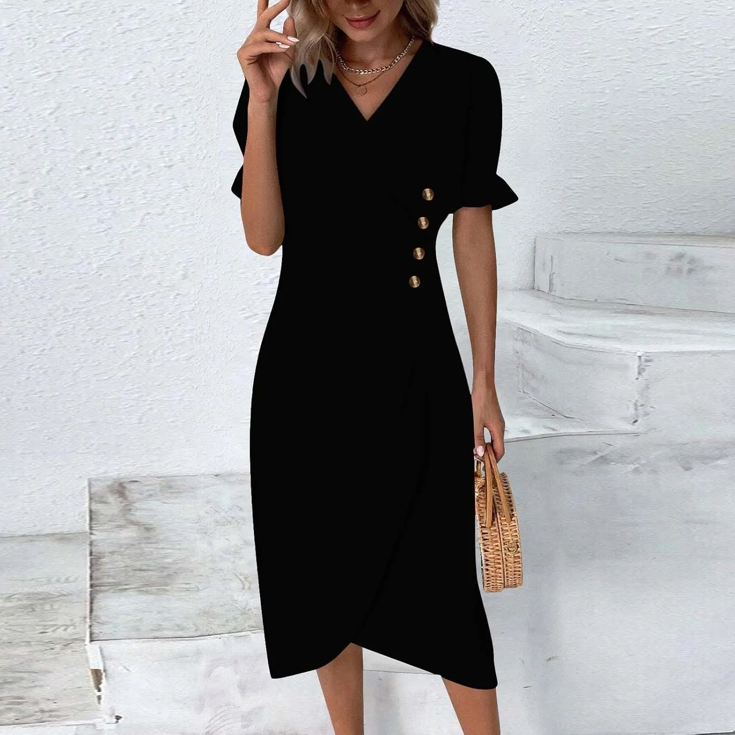 Beach Dresses for Women 2025 Summer Trendy Floral Boho Sundress Elegant V Neck Short Sleeve Irregular Hem Midi Dress