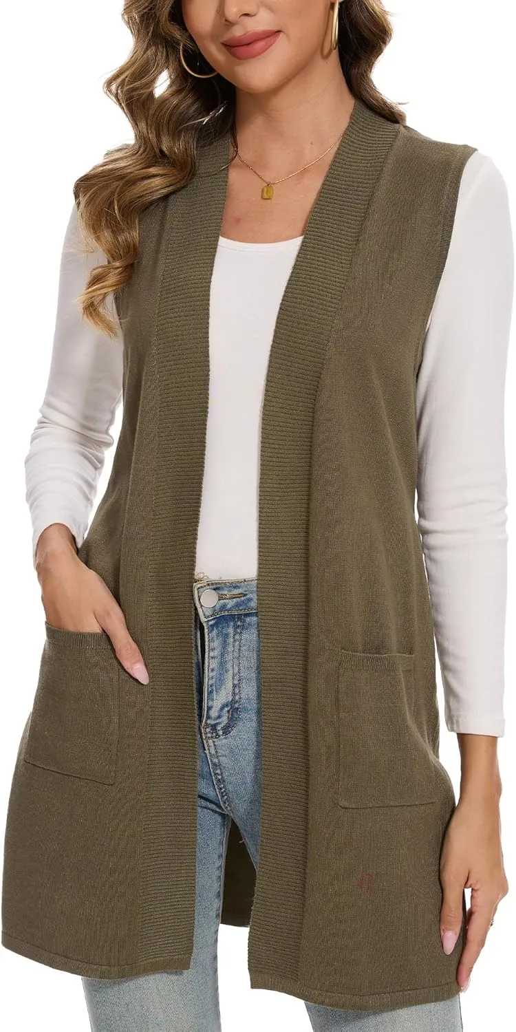 Beautiful Nomad Sleeveless Cardigans for Women Long Sweater Vest Jacket Ribbed Outerwear Coat with Belt