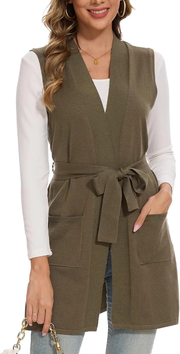 Beautiful Nomad Sleeveless Cardigans for Women Long Sweater Vest Jacket Ribbed Outerwear Coat with Belt