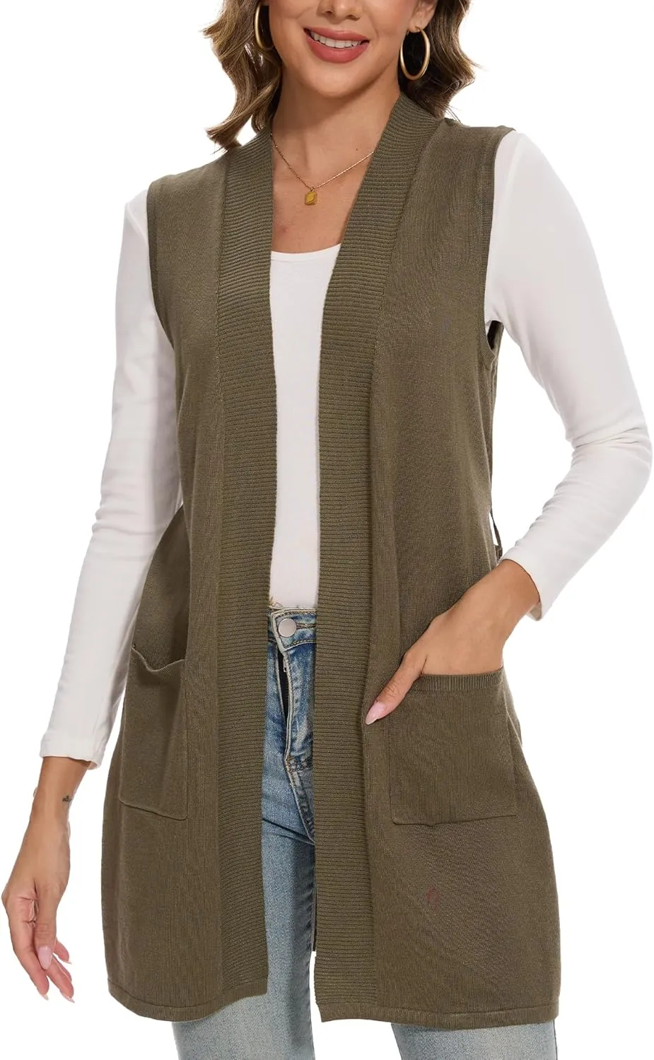 Beautiful Nomad Sleeveless Cardigans for Women Long Sweater Vest Jacket Ribbed Outerwear Coat with Belt