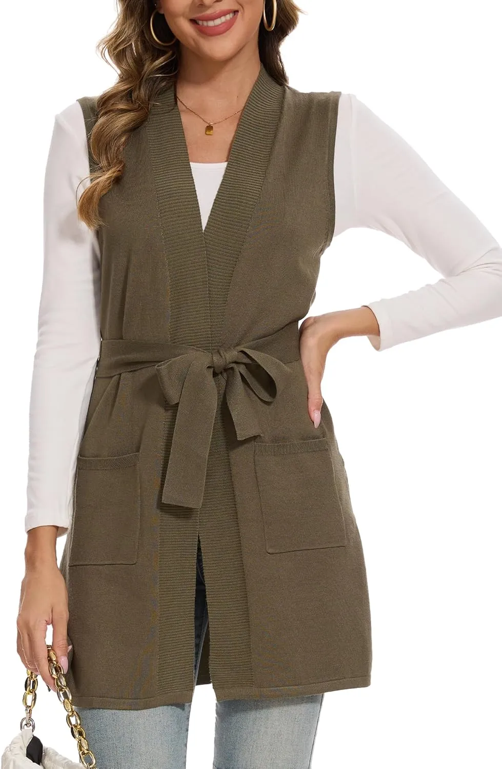Beautiful Nomad Sleeveless Cardigans for Women Long Sweater Vest Jacket Ribbed Outerwear Coat with Belt