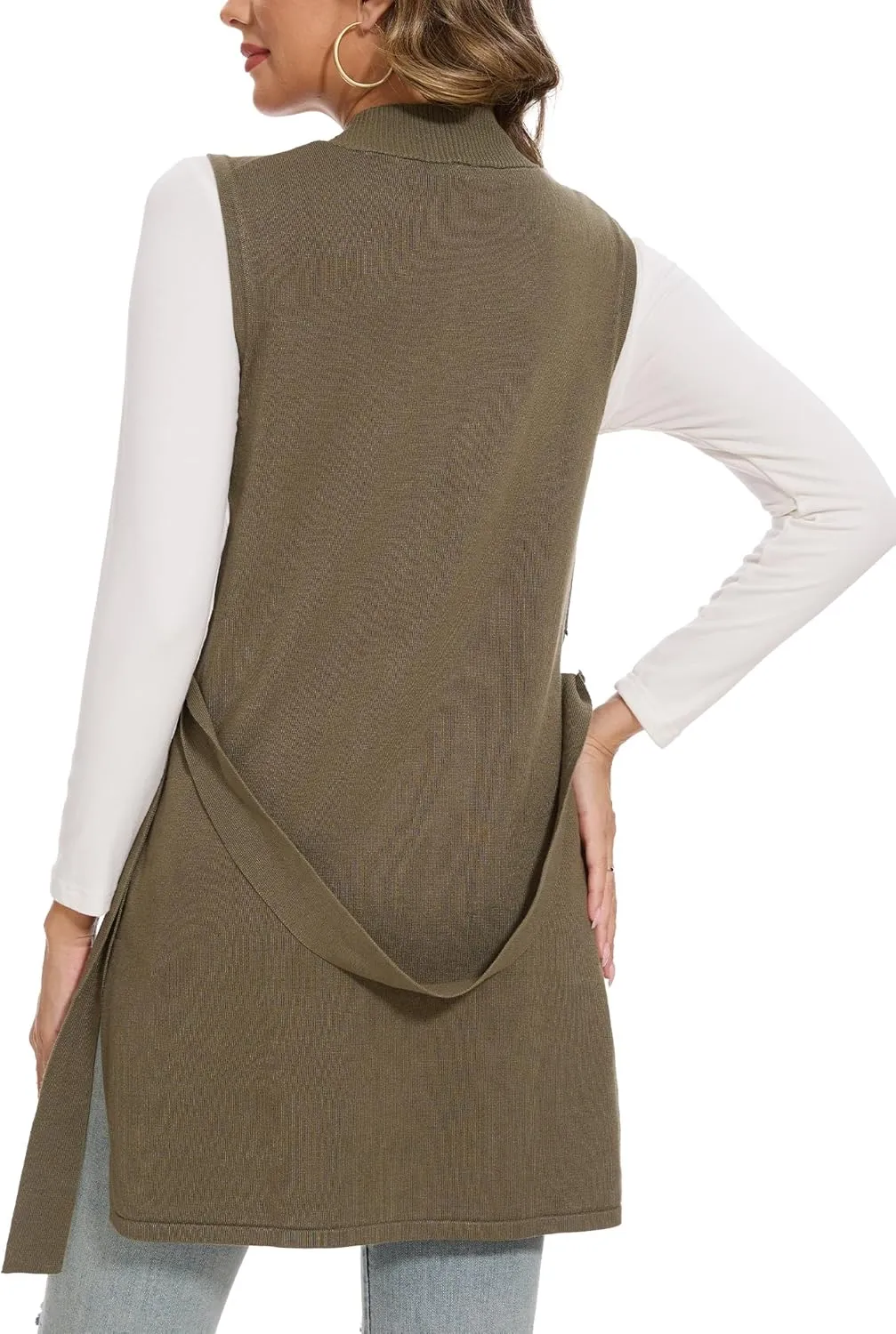 Beautiful Nomad Sleeveless Cardigans for Women Long Sweater Vest Jacket Ribbed Outerwear Coat with Belt