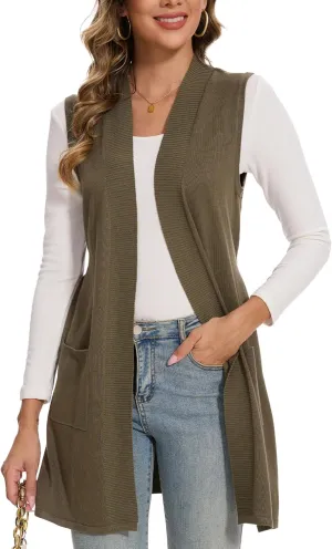 Beautiful Nomad Sleeveless Cardigans for Women Long Sweater Vest Jacket Ribbed Outerwear Coat with Belt
