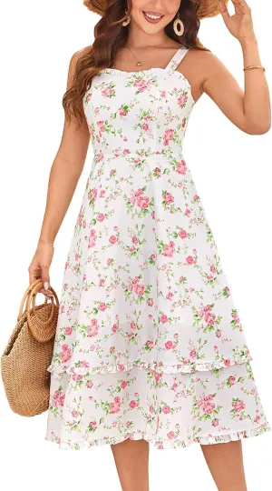 Belle Poque Women Summer Dresses 2025 Square Neck Spaghetti Strap Midi Dress Beach Vacation Sundress