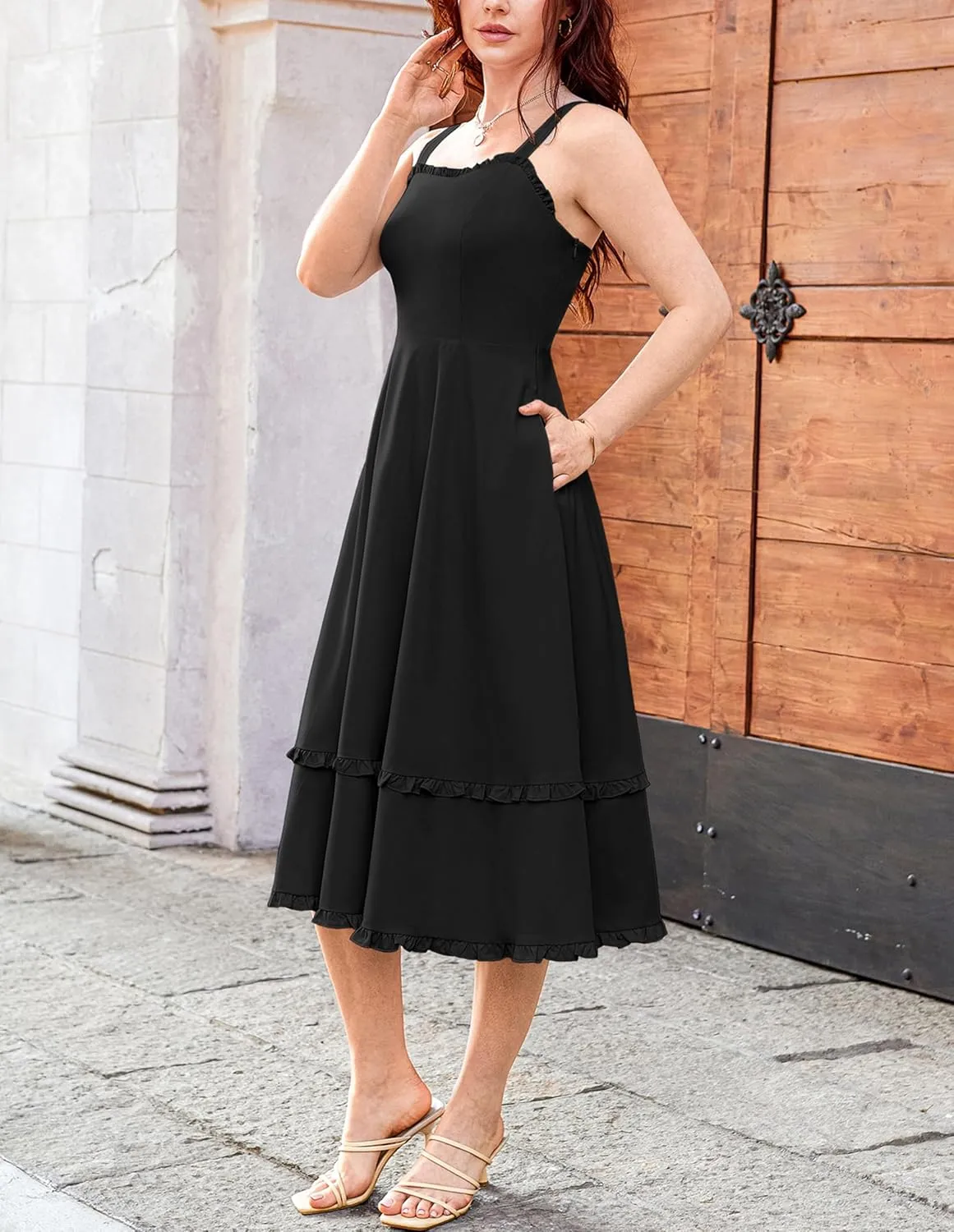 Belle Poque Women Summer Dresses 2025 Square Neck Spaghetti Strap Midi Dress Beach Vacation Sundress