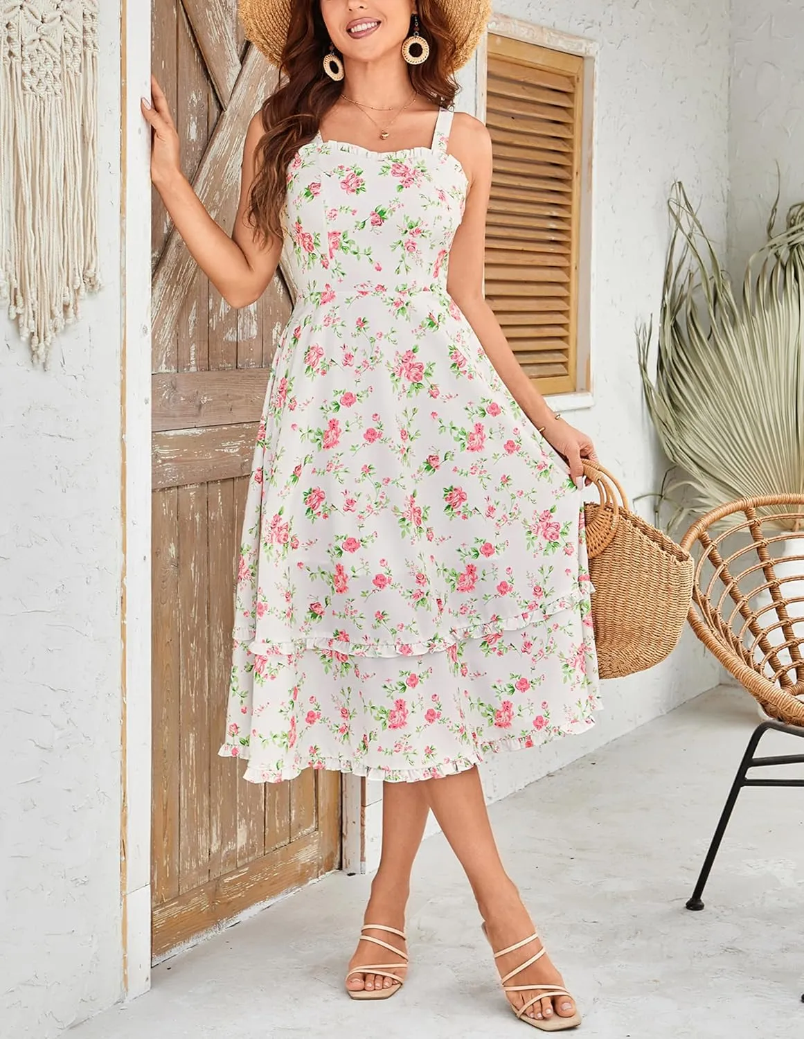Belle Poque Women Summer Dresses 2025 Square Neck Spaghetti Strap Midi Dress Beach Vacation Sundress