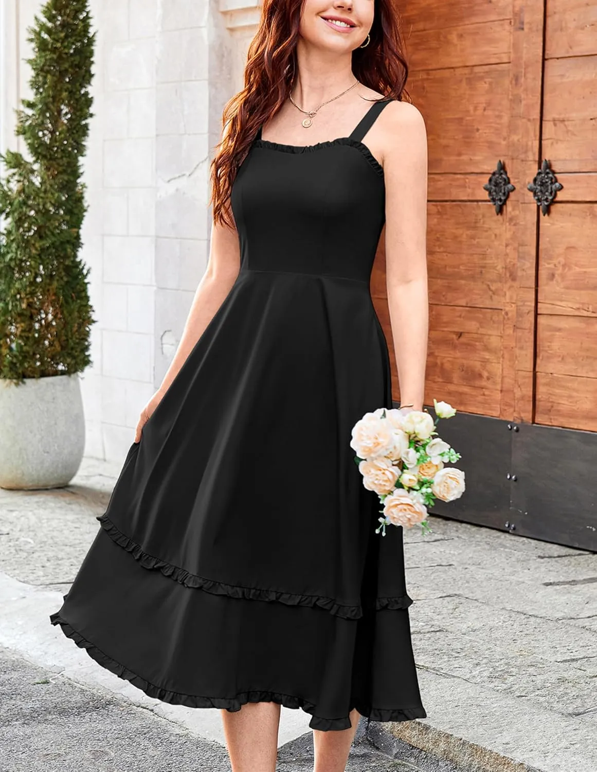 Belle Poque Women Summer Dresses 2025 Square Neck Spaghetti Strap Midi Dress Beach Vacation Sundress