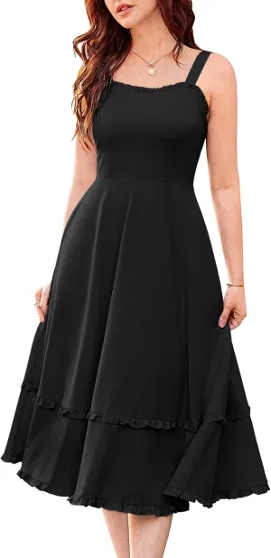 Belle Poque Women Summer Dresses 2025 Square Neck Spaghetti Strap Midi Dress Beach Vacation Sundress