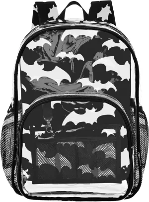Black White Bats Clear Bag for Women Travel Girls Backpack for Kids Approved Plastic Bag Large