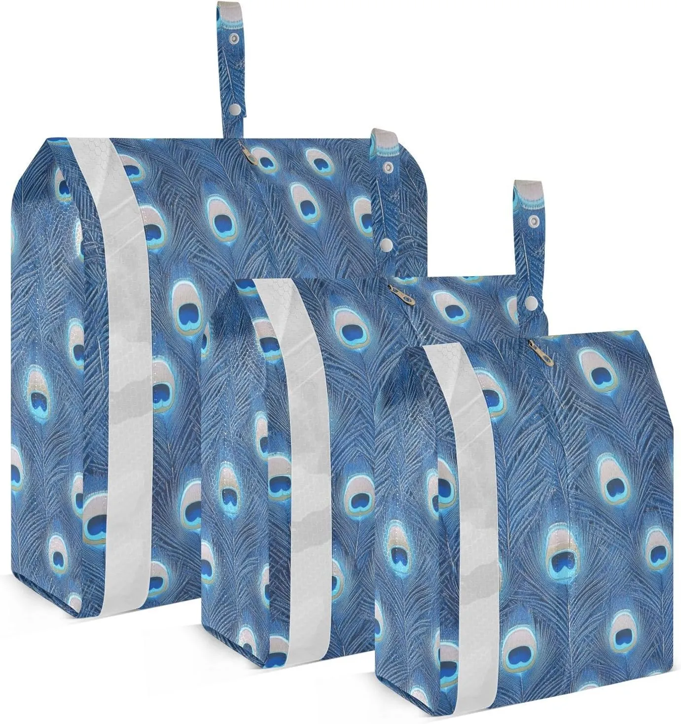 Blue Peacock Feather 3 Set Packing Travel Bags Collapsible Garment Bag Closet Storage Clothes Bags Travel Luggage Organizer