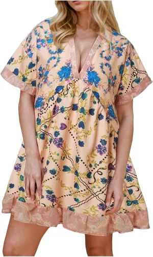 Boho Mini Dresses for Women Summer Y2K Casual Short Sleeve Beach Sexy Deep V Neck Ruffle Floral Flowy Babydoll Dress