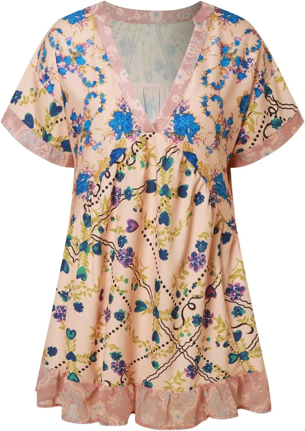 Boho Mini Dresses for Women Summer Y2K Casual Short Sleeve Beach Sexy Deep V Neck Ruffle Floral Flowy Babydoll Dress