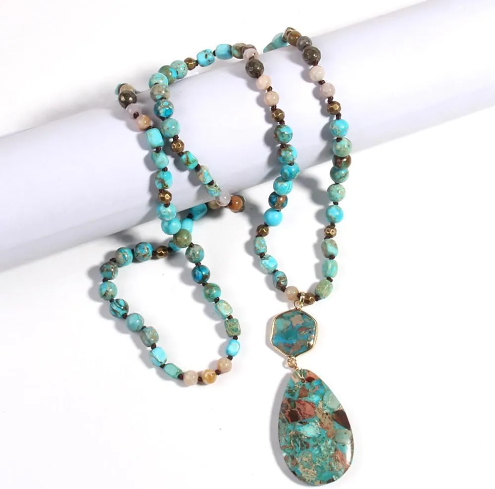 Boho Necklaces for Women/Men Trendy,32/35/36 Inch Natural Stone Beaded Long Pendant Necklaces for Womens,Handmade Bohemian Fashion Chakra Chunky Statement Charm Necklace Jewelry Gift