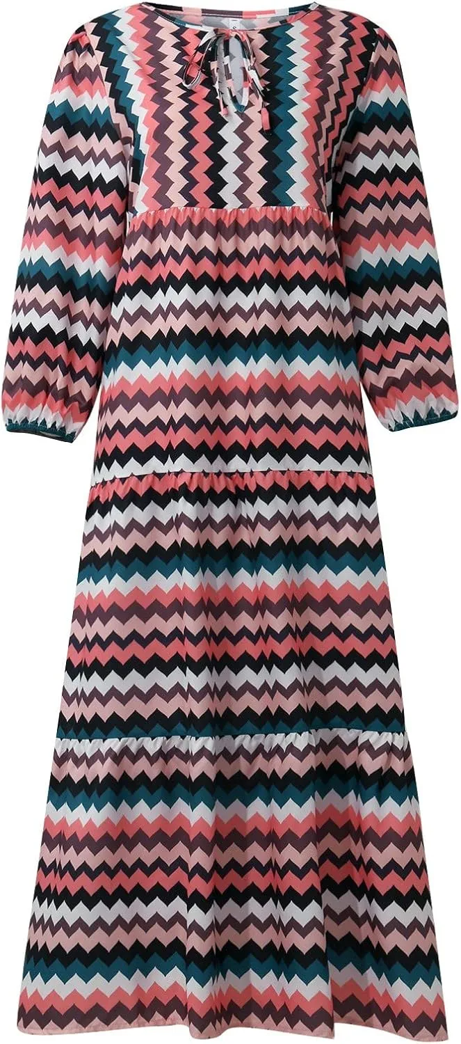 Boho Summer Dresses for Women 2025 Puff Sleeve Geometric Flower Maxi Dress Comfy Tiered Gingham Flowy Long Dress