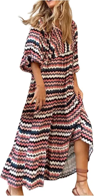 Boho Summer Dresses for Women 2025 Puff Sleeve Geometric Flower Maxi Dress Comfy Tiered Gingham Flowy Long Dress