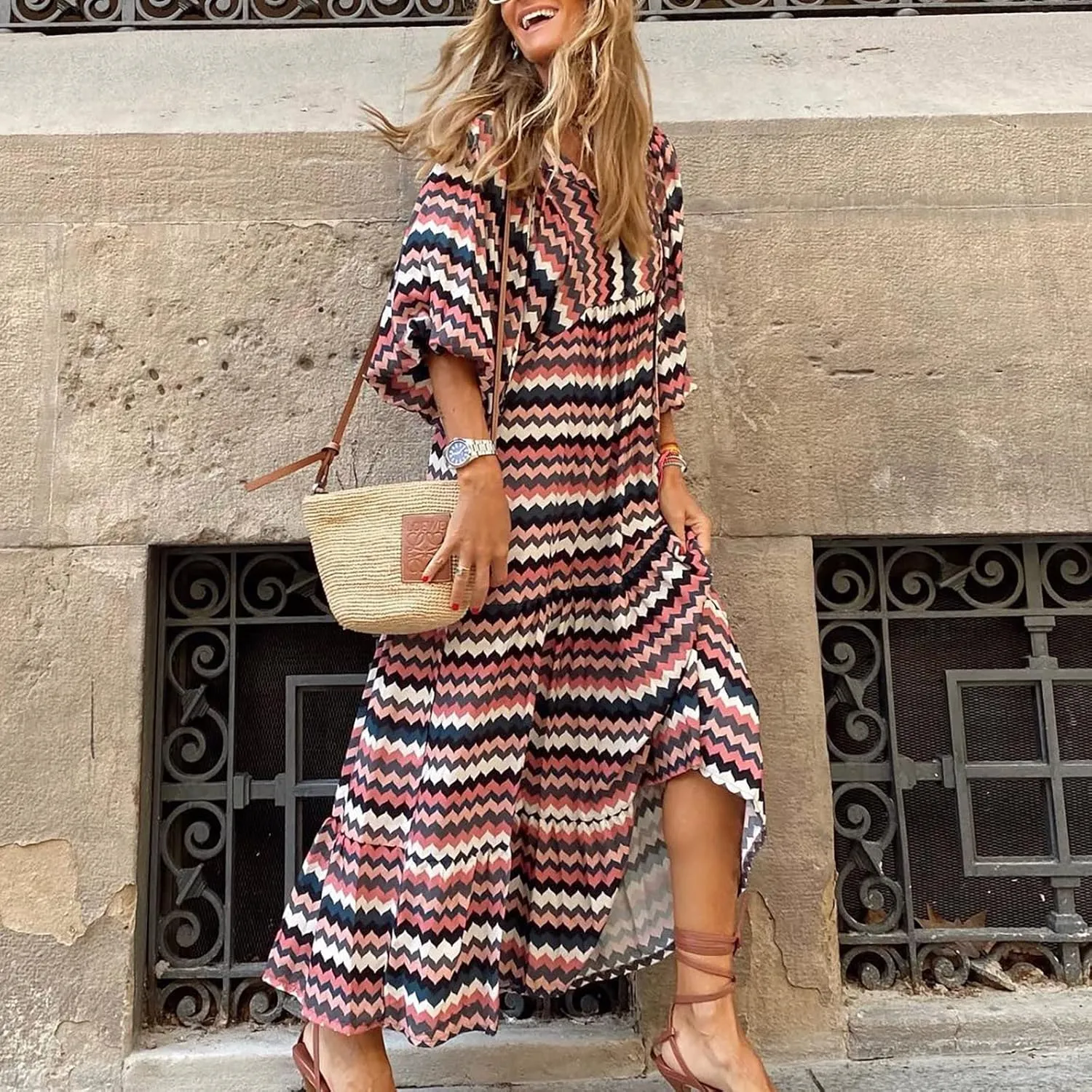 Boho Summer Dresses for Women 2025 Puff Sleeve Geometric Flower Maxi Dress Comfy Tiered Gingham Flowy Long Dress