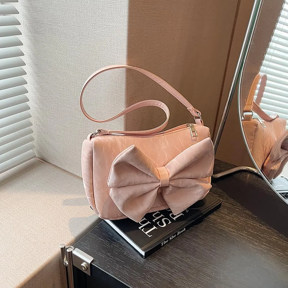 Bowknot Handbag Purse Cute Faux Suede Mini Shoulder Bag Top-handle Totes Satchel Creative Gifts for Women Girls