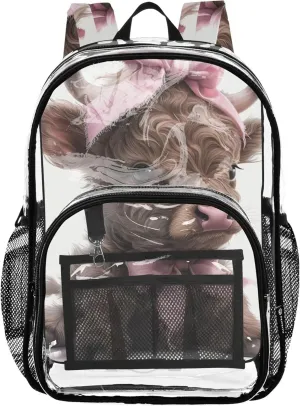 Boys Backpacks for Girls Cute Highland Cow Calf Clear Backpack for Women Large Plastic Approved Bag