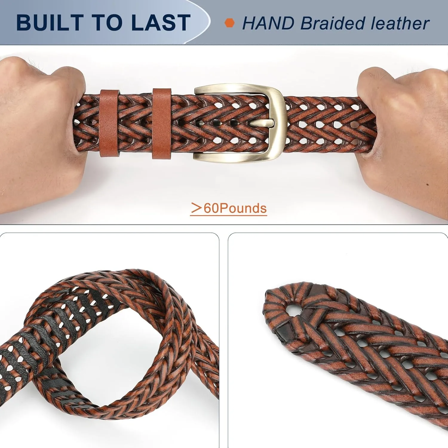 Braided Leather Belt for Men Casual Jeans Golf, Men's Leather Woven Alloy Buckle Hand Braided Belts Gift for Men