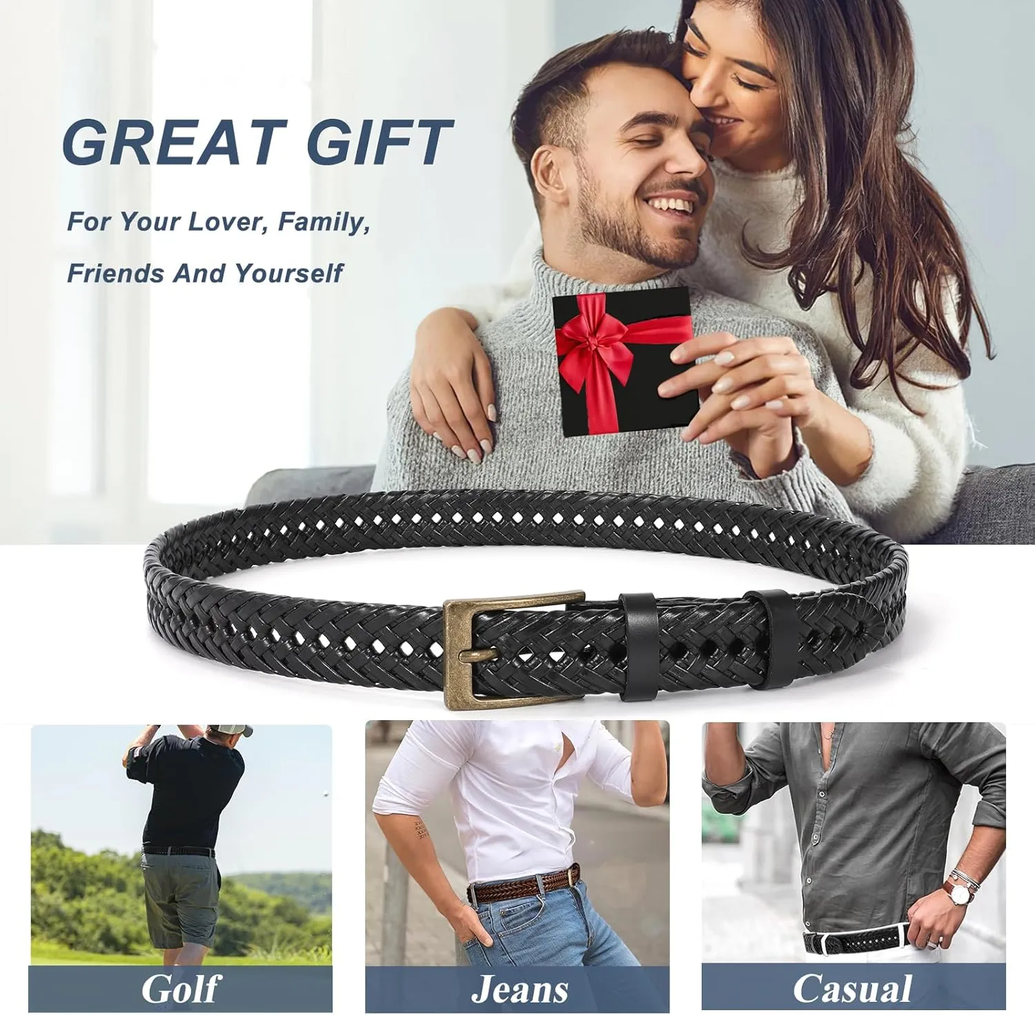 Braided Leather Belt for Men Casual Jeans Golf, Men's Leather Woven Alloy Buckle Hand Braided Belts Gift for Men