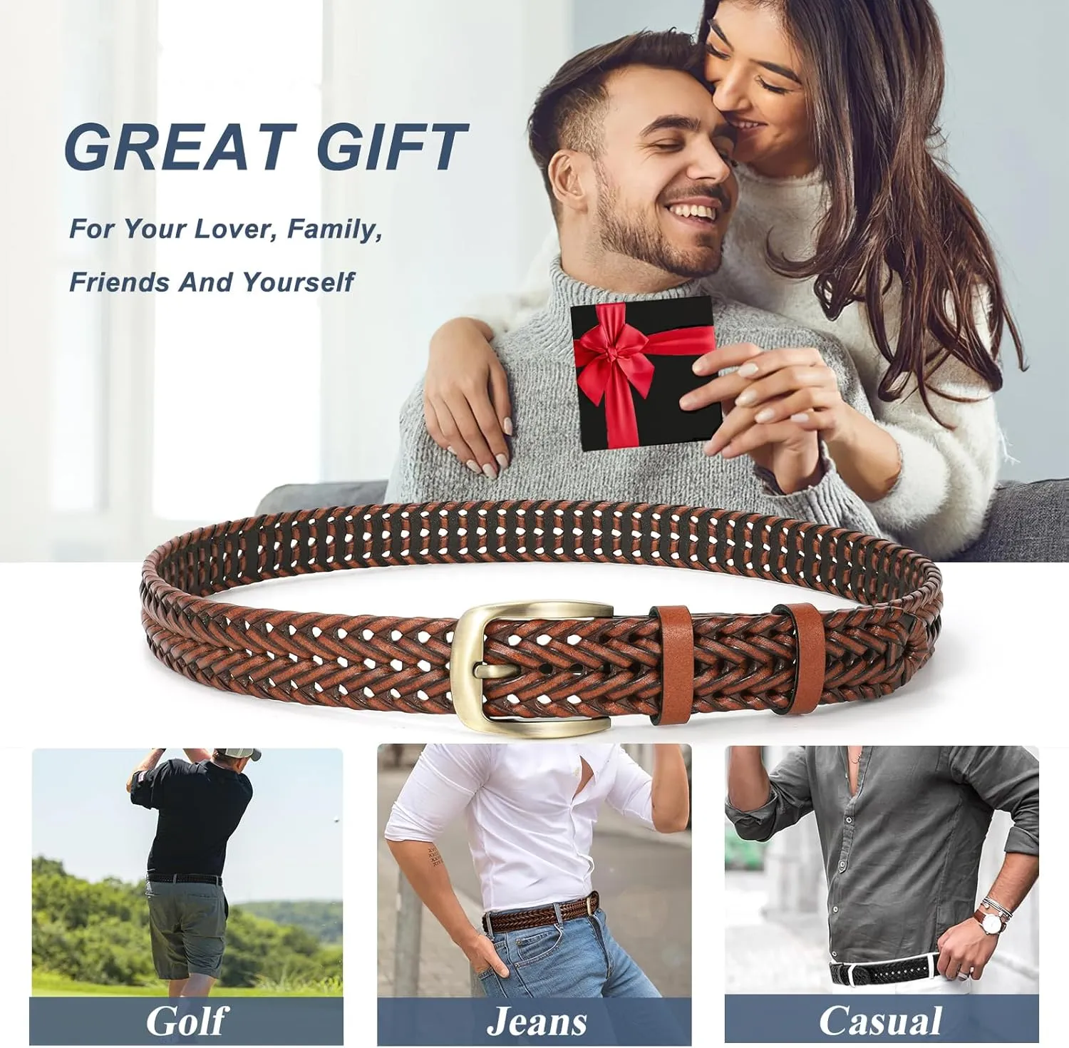 Braided Leather Belt for Men Casual Jeans Golf, Men's Leather Woven Alloy Buckle Hand Braided Belts Gift for Men