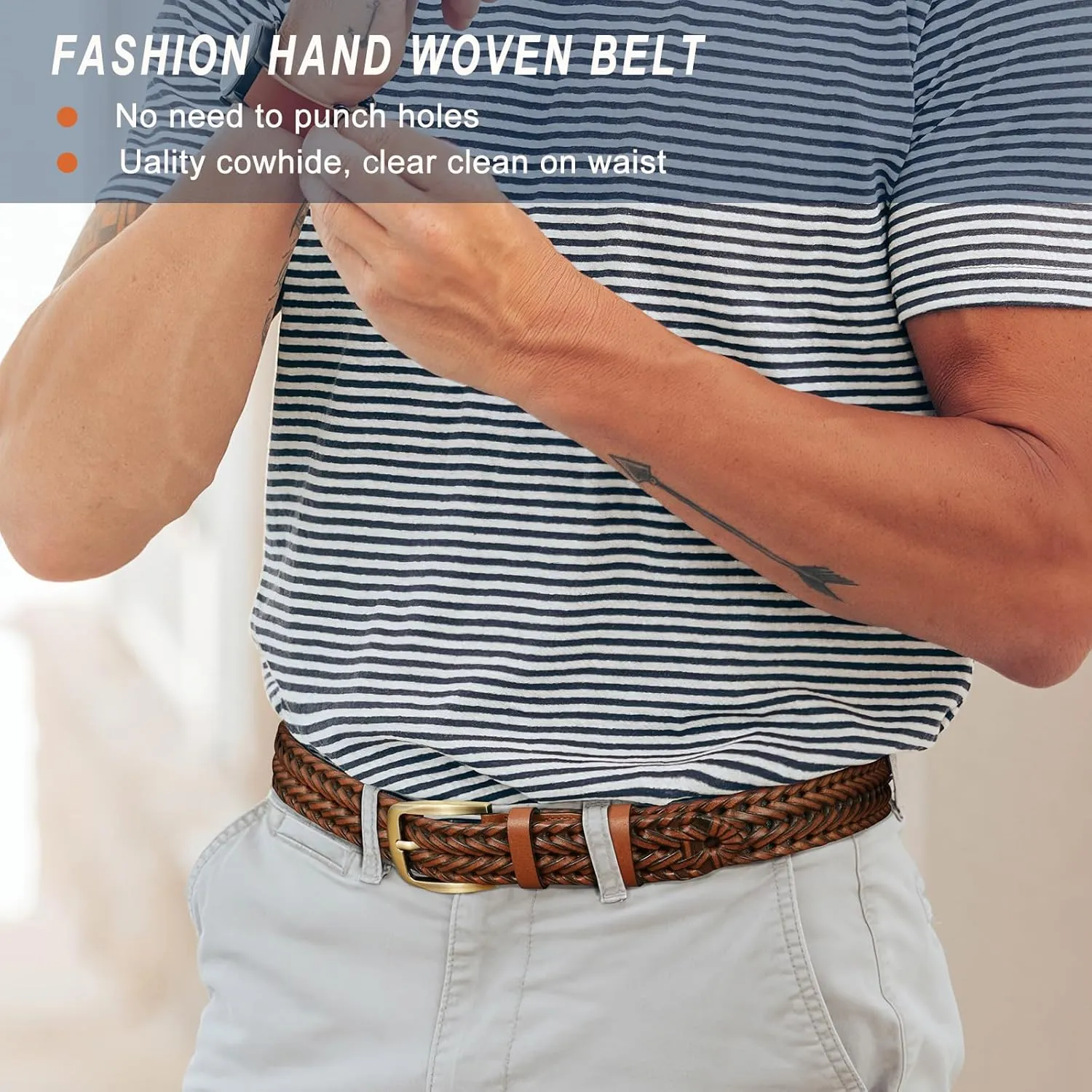 Braided Leather Belt for Men Casual Jeans Golf, Men's Leather Woven Alloy Buckle Hand Braided Belts Gift for Men