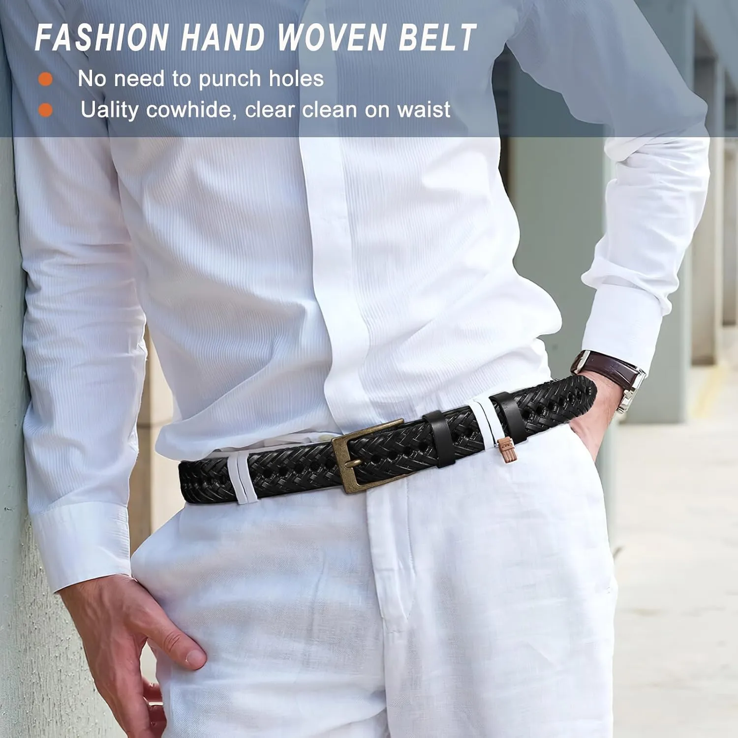 Braided Leather Belt for Men Casual Jeans Golf, Men's Leather Woven Alloy Buckle Hand Braided Belts Gift for Men