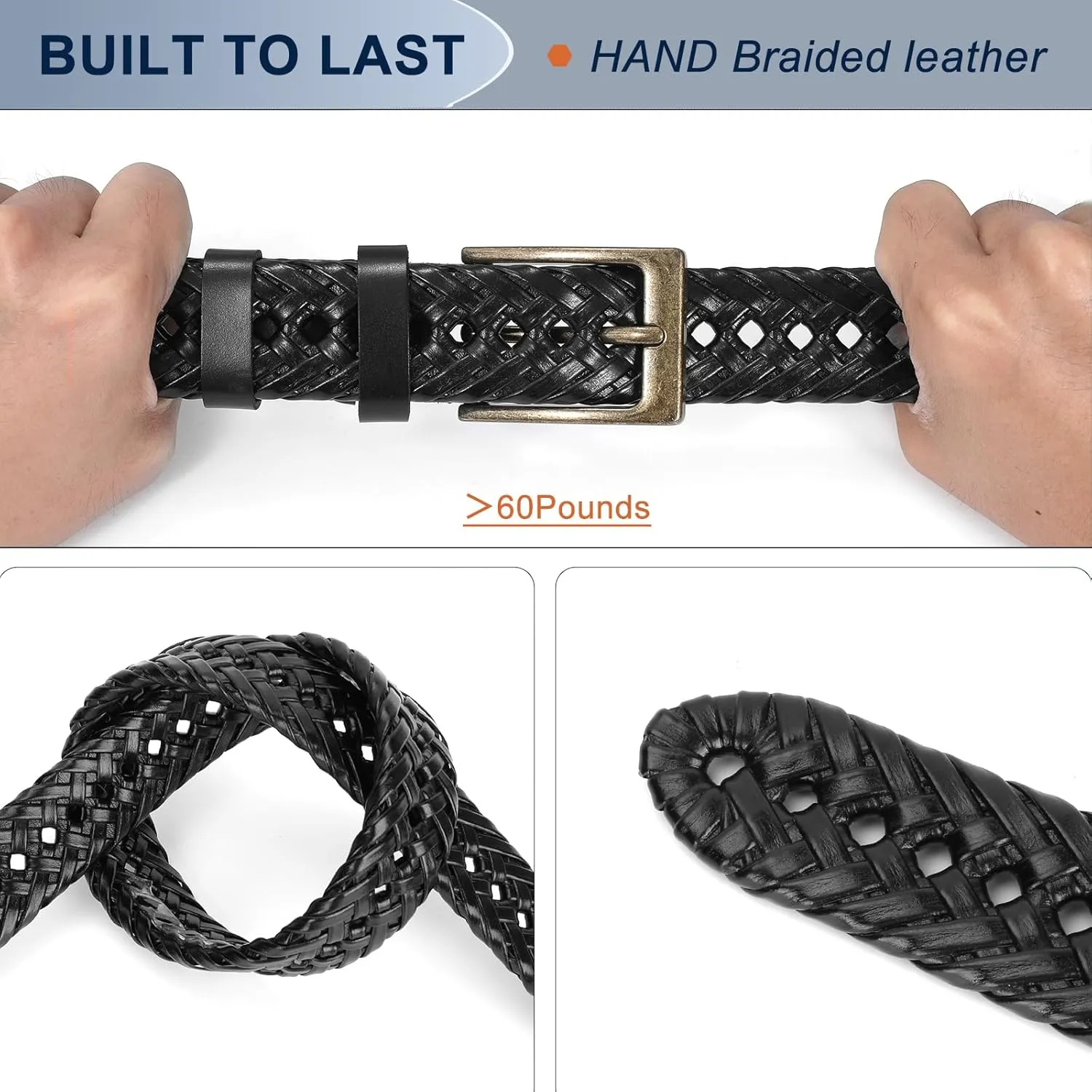 Braided Leather Belt for Men Casual Jeans Golf, Men's Leather Woven Alloy Buckle Hand Braided Belts Gift for Men