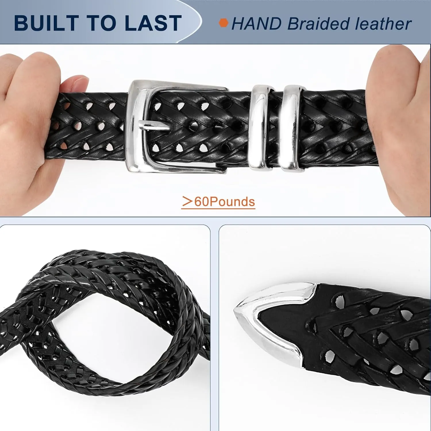 Braided Leather Belt for Men Casual Jeans Golf, Men's Leather Woven Alloy Buckle Hand Braided Belts Gift for Men
