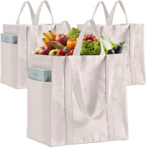 Canvas Reusable Grocery Bags 3 Pack, Heavy Duty Cotton Canvas Totes with Reinforced Handles, 6 Compartments & Side Pockets, Foldable Washable Large Sublimation Bags for Shopping/Picnic/Beach